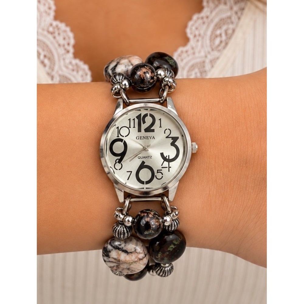 Geneva Womens 80s Vintage Round Beaded Quartz Bracelet Watch Silver Pink Brown